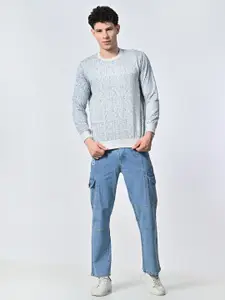 BAESD Men Abstract Printed Round Neck Fleece Pullover Ribbed Sweatshirt