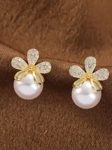 VAGHBHATT Gold-Plated Floral Shaped Rhinestone Pearls Studded Earrings