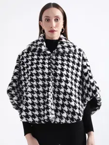 ELLE Women Checked Lapel Collar Poncho High-Low Sweater