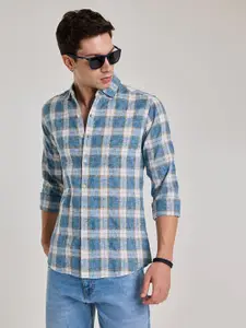 Snitch Men Smart Cutaway Collar Checked Linen Slim Fit Casual Shirt