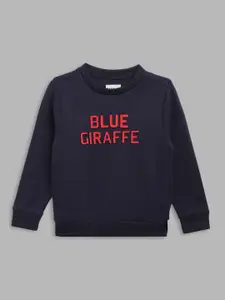 Blue Giraffe Boys Typography Printed Round Neck Cotton Pullover Ribbed Sweatshirt