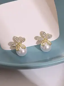 VAGHBHATT Gold Plated Rhinestone Floral Studs