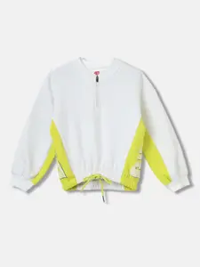 Blue Giraffe Girls Colourblocked Round Neck Cotton Pullover Ribbed Sweatshirt