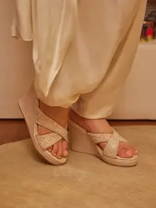 CAI Women Western - Embellished Textured PU Party Wedge Sandals