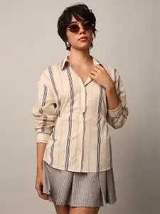 ONLY Women Cutaway Collar Multi Striped Cotton Oversized Casual Shirt