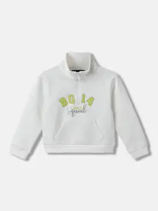 Blue Giraffe Girls Typography Printed Mock Collar Pullover Sweatshirt