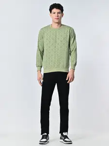 BAESD Men Geometric Printed Round Neck Fleece Pullover Ribbed Sweatshirt