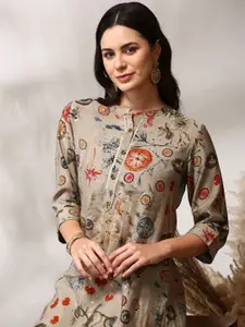 Anouk Floral Printed Mandarin Collar Straight Kurta