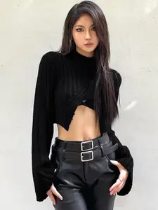 KPOP Women Cable Knit Crop Pullover