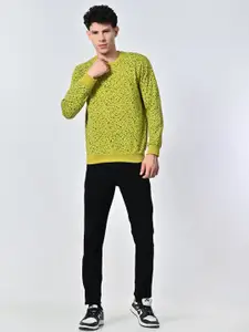 BAESD Men Abstract Printed Round Neck Fleece Pullover Ribbed Sweatshirt