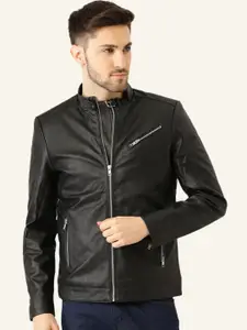 Leather Retail Men Mandarin Collar Solid PU Casual Biker Jacket