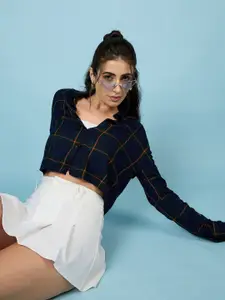 CHIMPAAANZEE Women Spread Collar Tartan Checked Oversized Casual Shirt