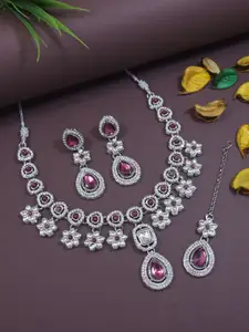 I Jewels Sliver Plated Stone Studded Necklace & Earrings With Maang Tika