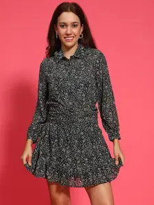 Oxolloxo Women Floral Printed Shirt Collar Fit & Flare Dress