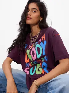 The Souled Store Women Typography Printed Round Neck Cotton Oversized T-shirt