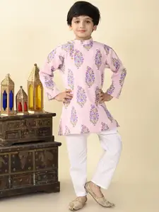 Superminis Boys Floral Printed Mandarin Collar Regular Pure Cotton Kurta With Pyjama