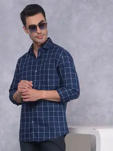 Crimsoune Club Men Smart Spread Collar Windowpane Checked Cotton Casual Shirt