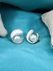 VAGHBHATT Gold-Plated Stainless Steel Pearls Beaded Cute Shell Studs