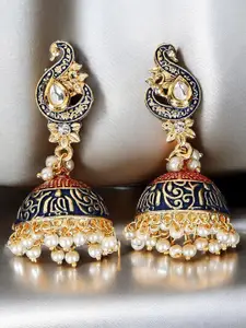 OOMPH Kundan & Pearl Peacock Shaped Meenakari Jhumkas