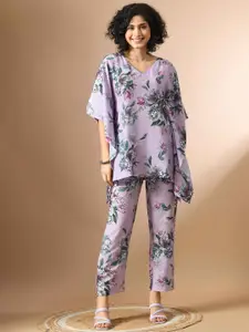 Sangria Purple and Green Floral Printed Kaftan Top With Trousers Co-Ords