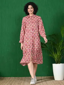 Sangria Printed Shirt Collar Cuffed Sleeves Shirt Dress