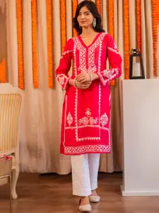 HOUSE OF KARI Ethnic Motifs Embroidered Chikankari Pure Cotton Straight Kurta