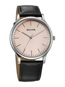 Sonata Men Brass Dial & Leather Straps Analogue Watch 77105SL20W