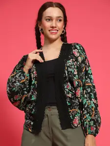 Oxolloxo Floral Printed Lace Open Front Shrug