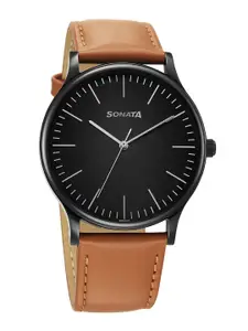 Sonata Men Brass Dial & Leather Straps Analogue Watch 77105NL15W