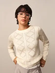 ONLY Women Open Knit Self Design Pullover Sweaters