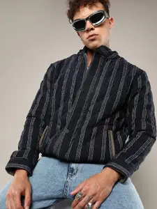 Campus Sutra Men Mock Collar Striped Cotton Casual Denim Jacket