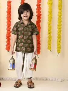 BAESD Boys Quirky Printed Shirt Collar Short Sleeves Pure Cotton Shirt & Dhoti Pant