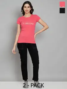 Trend Level Women Pack Of 2 Typography Printed Round Neck Cotton T-shirts