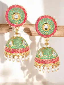 OOMPH Dome Shaped Kundan Meenakari Jhumkas