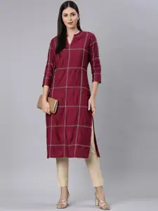 Neerus Checked Mandarin Collar Thread Work Cotton Straight Kurta
