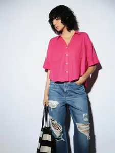 ONLY Women Spread Collar Solid Linen Oversized Casual Shirt