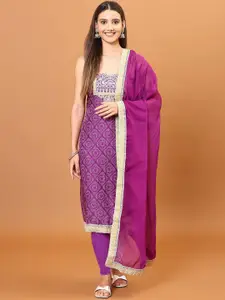 Meena Bazaar Bandhani Printed Thread Work Art Silk Unstitched Dress Material