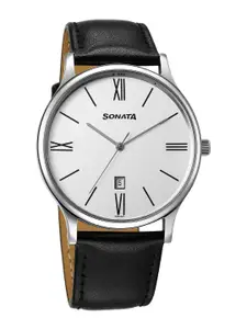 Sonata Men Brass Dial & Leather Straps Analogue Watch 77105SL22W