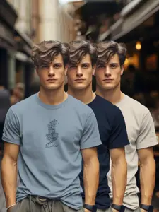 BULLMER Men Pack Of 3 Graphic Printed Round Neck Cotton T-shirts
