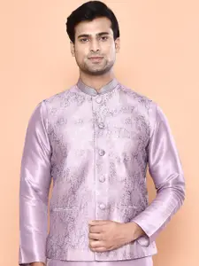 MAAHI FABS Mandarin Collar Straight Kurta with Pyjamas & Abstract UV Printed Nehru Jacket