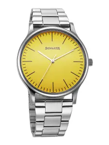 Sonata Men Brass Dial & Bracelet Style Straps Analogue Watch 77105SM16W