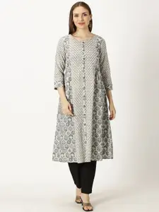 Saffron Threads Floral Printed Round Neck A-Line Panelled Pure Cotton Kurta