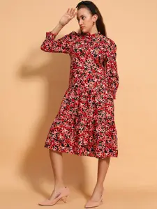 Oxolloxo Women Floral Printed Ruffled Fit & Flare Cotton Knee Length Dress
