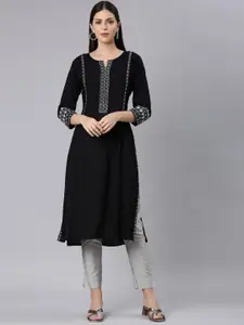 Neerus Floral Yoke Design Round Neck Sequinned Straight Kurta