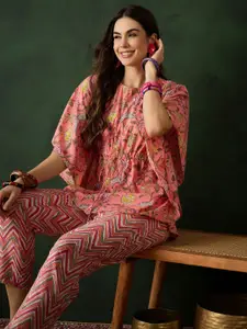 Sangria Peach Floral Printed Pure Cotton Kaftan Top With Trousers Co-Ords