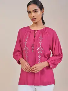 Global Desi Women Embellished Tie-Up Neck Regular Top