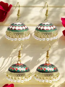 OOMPH Set of 2 Dome Shaped Meenakari Beaded Jhumka Earrings