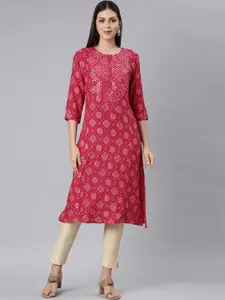 Neerus Floral Printed Mirror Work Straight Kurta