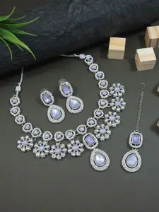 I Jewels Silver-Plated Stone-Studded Necklace & Earrings With Maang Tika