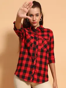 Oxolloxo Women Smart Spread Collar Buffalo Checked Cotton Casual Shirt